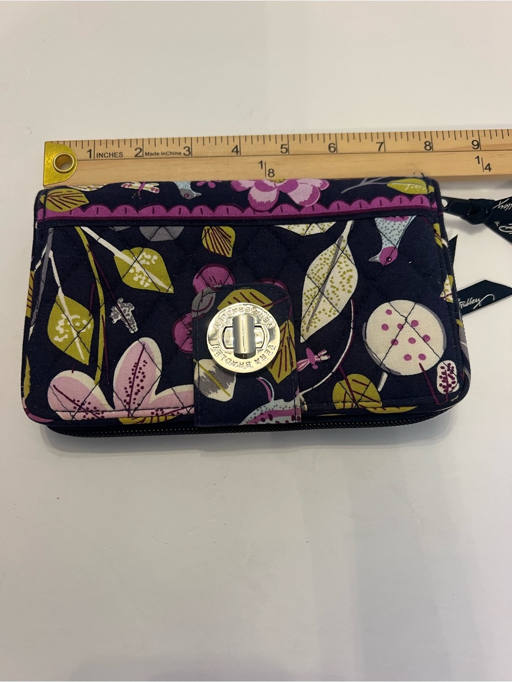 Vera Bradley Quilted Floral Turnlock Wallet in Navy, Purple & Green Retired